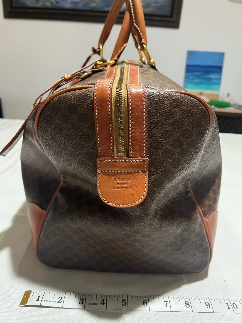 Classic Celine Brown Leather-Trim Travel Duffel Bag